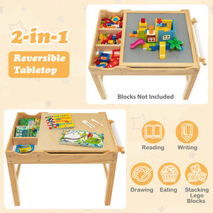 Kids multi-activity wooden play table with storage and paper roll, perfect for creative play and building fun.