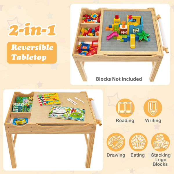 Kids multi-activity wooden play table with storage and paper roll, perfect for creative play and building fun.
