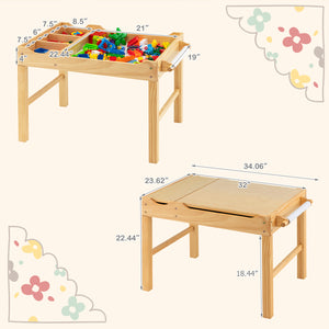 Kids multi-activity wooden play table with storage and paper roll, perfect for creative play and building fun.