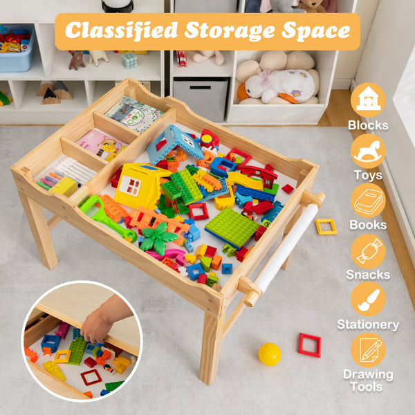 Kids multi-activity play table with storage, wooden building blocks, and paper roll for creative play. Angle 6 view.