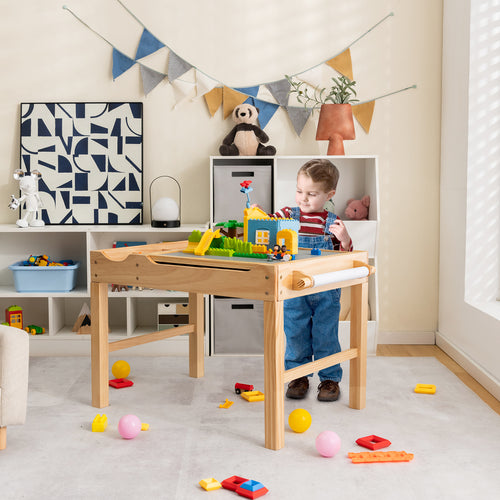 Kids Multi Activity Play Table Wooden Building Block Desk with Storage Paper Roll