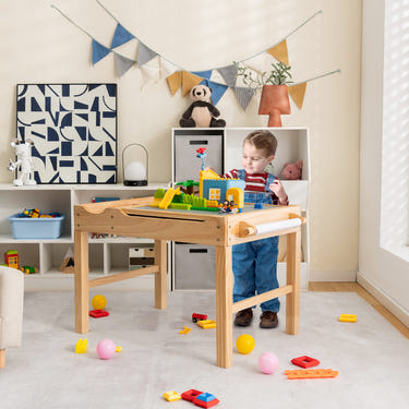 Kids multi-activity wooden play table with building blocks, storage, and paper roll for creative play.