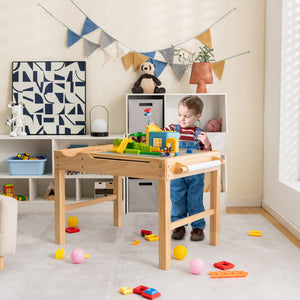 Kids multi-activity wooden play table with building blocks, storage, and paper roll for creative play.