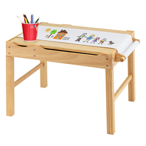 Kids multi-activity wooden play table with storage and paper roll, perfect for creative play and building fun.