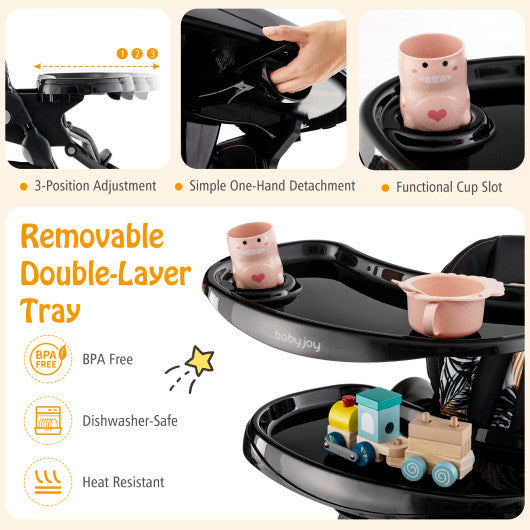 Multifunctional Folding Baby High Chair with Rolling Wheels and Adjustable Height-Black