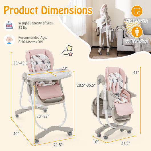 Multifunctional Folding Baby High Chair with Rolling Wheels and Adjustable Height-Pink