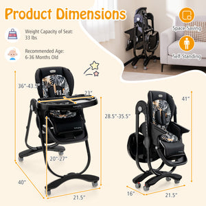 Multifunctional Folding Baby High Chair with Rolling Wheels and Adjustable Height-Black