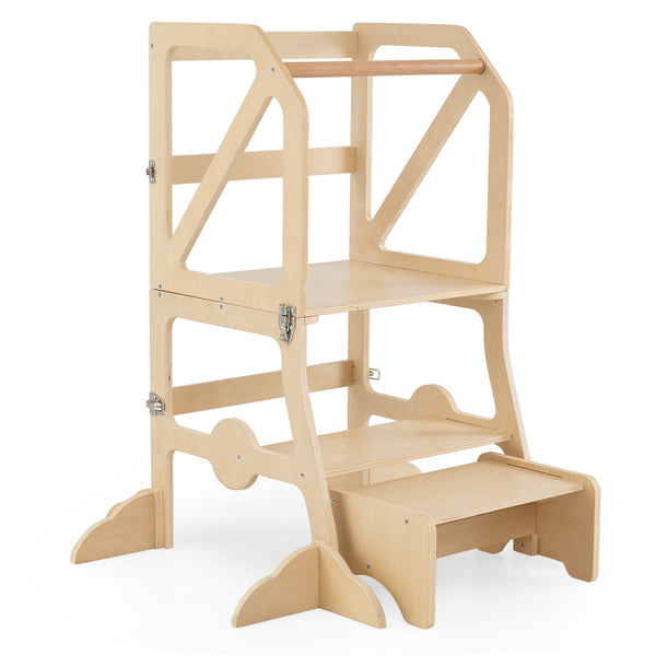Multifunctional kids kitchen step stool with removable safety bar and fixing buckles for safe and easy access.