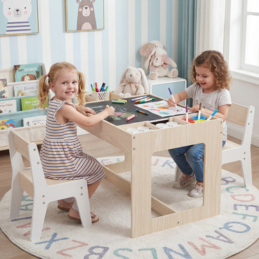 Multifunctional Kids Table and 2 Chairs Set with Chalkboard