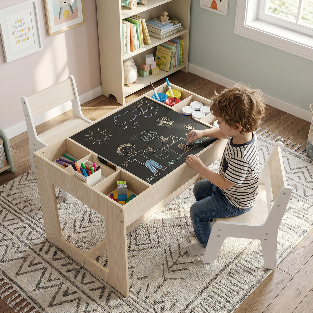 Multifunctional Kids Table and 2 Chairs Set with Chalkboard