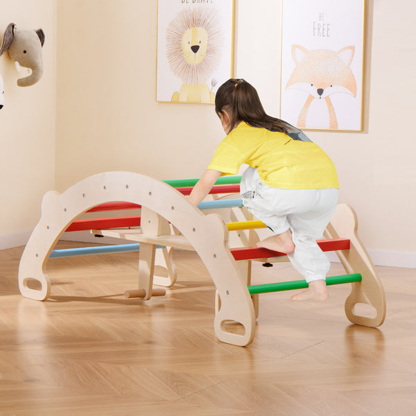 4-in-1 Multifunctional Wooden Climbing Toys with Rocker and Crawling Tunnel