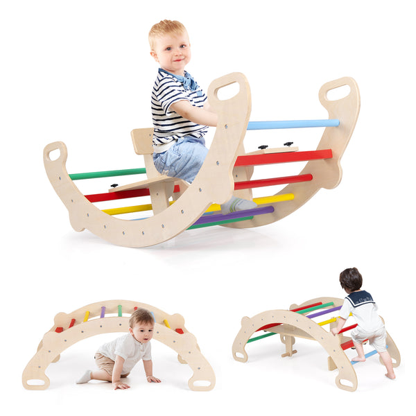 4-in-1 Multifunctional Wooden Climbing Toys with Rocker and Crawling Tunnel