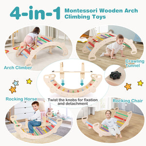 4-in-1 Multifunctional Wooden Climbing Toys with Rocker and Crawling Tunnel
