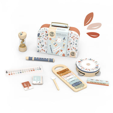 "Colorful musical set with 5 instruments for babies, promoting fun and early musical development."