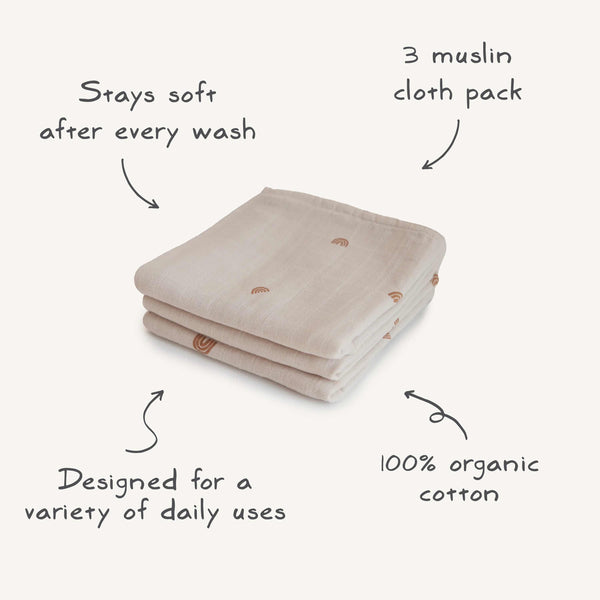 Mushie Organic Cotton Muslin Cloths 3-Pack Soft Baby Cloths