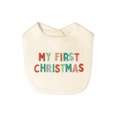 "Graphic bib for babies featuring 'My First Christmas' design, perfect for festive occasions."