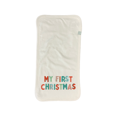 "Soft burp cloth for babies featuring 'My First Christmas' design, perfect for festive feeding moments."