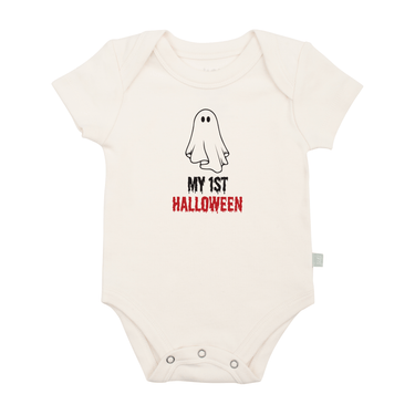 Baby graphic bodysuit for Halloween featuring a cute ghost design, perfect for "My First Halloween" celebrations.