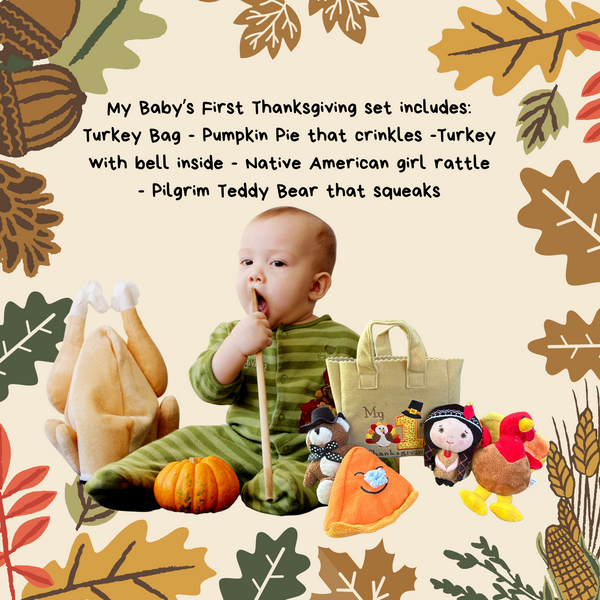 My First Thanksgiving Toy set: plush turkey, teddy bear, and pumpkin pie for festive baby fun.