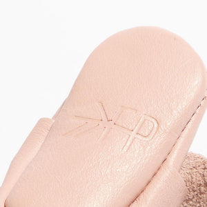 Newborn blush knotted bow baby shoe, angle 3, perfect for stylish little feet.