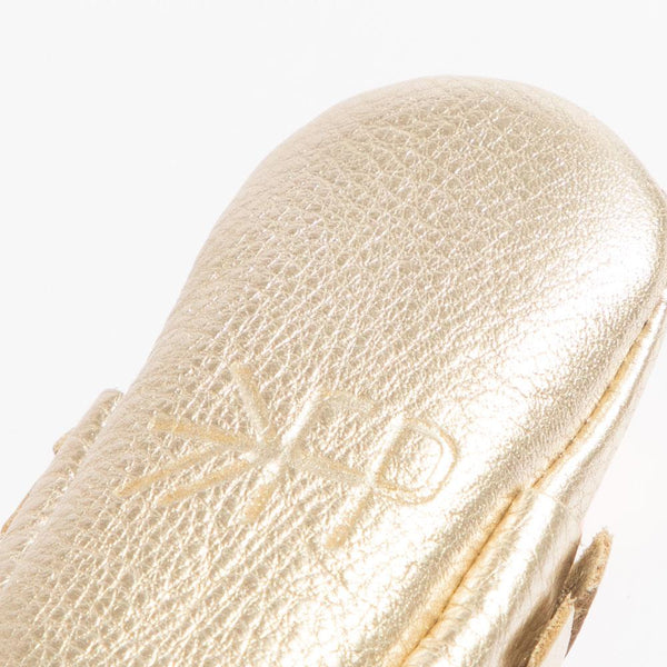 Newborn Platinum Moccasin Baby Shoe in angle 3 view, soft and stylish footwear for infants.