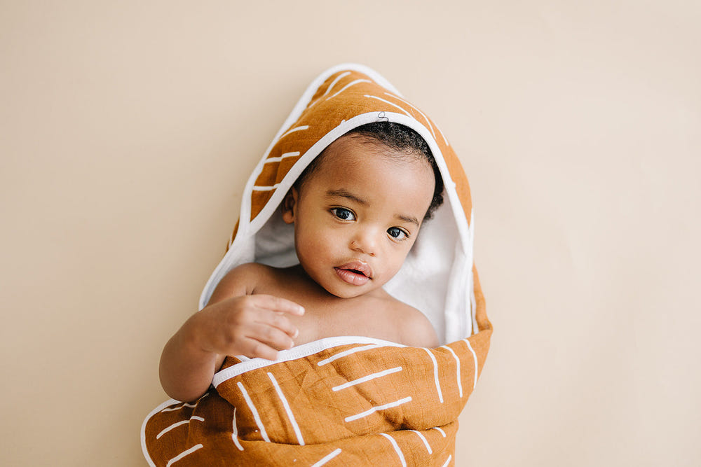 Mustard Mudcloth Muslin Hooded Towel - MOOGCO Baby