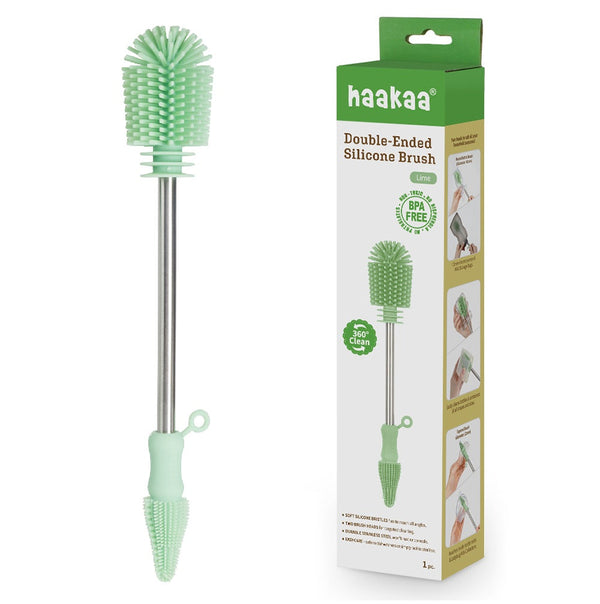 Haakaa Double-Ended Silicone Brush for easy and effective bottle cleaning. Ideal for baby feeding essentials.