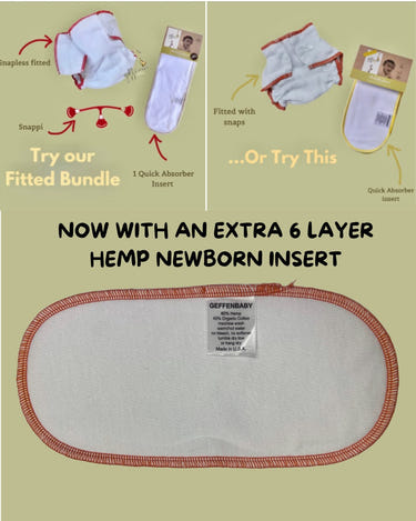 Fitted cloth diaper bundle with cotton diaper, Snappi, and 2 inserts for eco-friendly baby care.