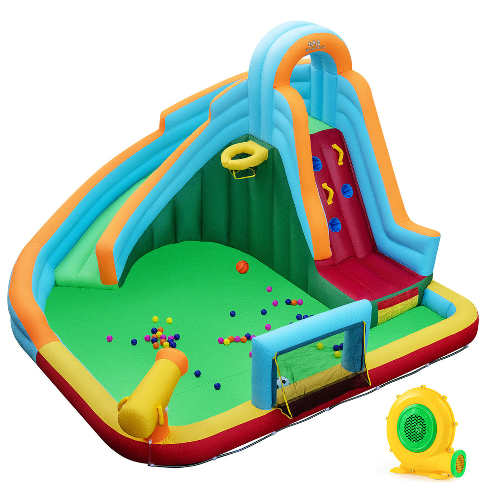 Inflatable Water Slide Park 6-in-1 Giant Bounce House with Long Slide Splash Pool Climbing Wall