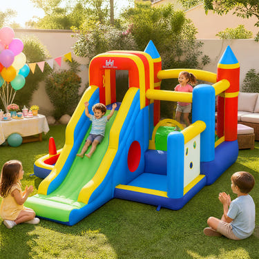 7-in-1 Bouncy Castle with Slide Ball Pit and Basketball Hoop without Air Blower for Kid Backyard Indoor Outdoor
