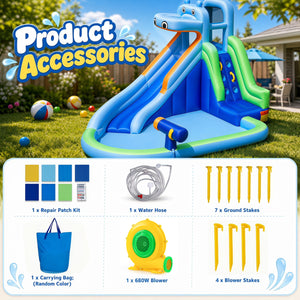 Hippo-Themed Inflatable Water Slide with Long Slide and Climbing Wall for Kids Backyard with 680W Blower
