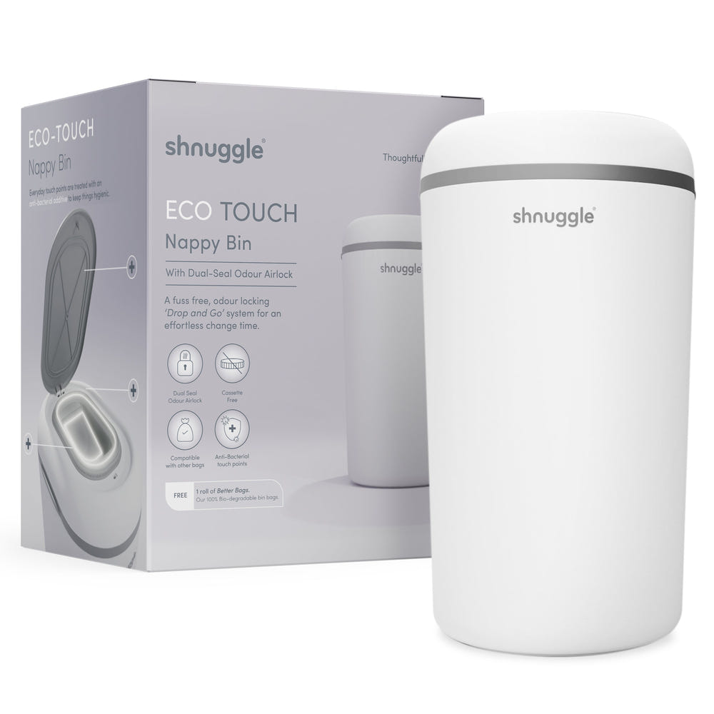 Shnuggle Eco-Touch Nappy Bin Diaper Pail with 30 Better Bag Liners for easy and eco-friendly diaper disposal.