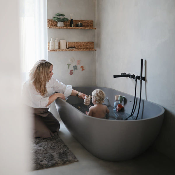 Mushie Pour and Play Bath Set silicone suction pour cups muted colors