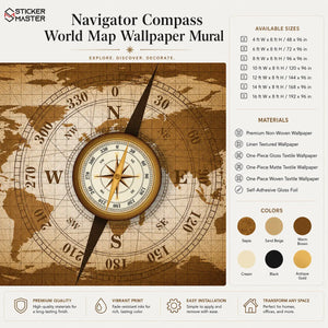 Navigator Compass World Map Wallpaper Mural | Office Study Wall Decor