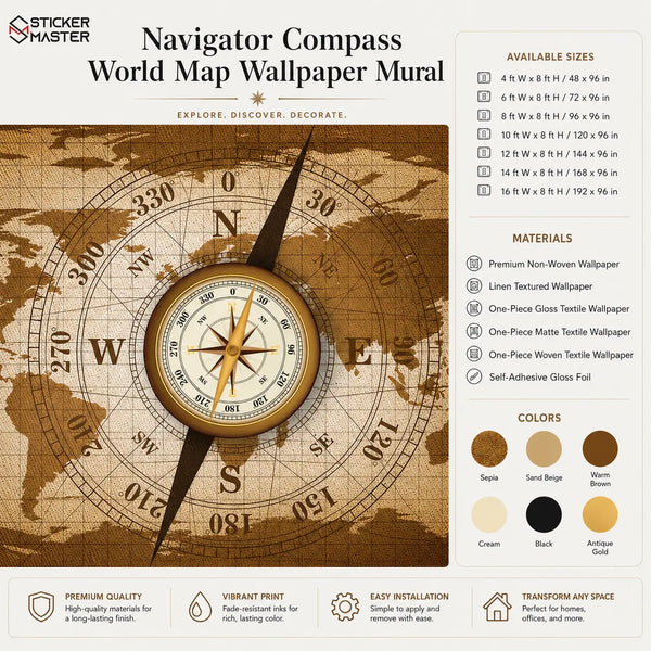 Navigator Compass World Map Wallpaper Mural | Office Study Wall Decor