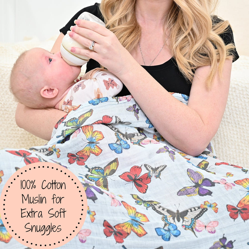 LollyBanks 100% Cotton Muslin Swaddle Blanket, 47"x47", Butterfly Print for Newborns.
