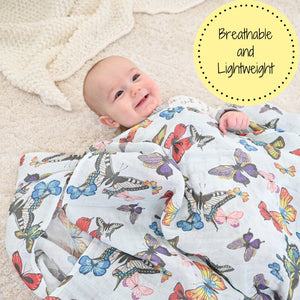 LollyBanks Muslin Swaddle Blankets, 100% Cotton Baby Blanket, 47"x 47" Newborn Swaddle Blanket, (Butterfly Print)