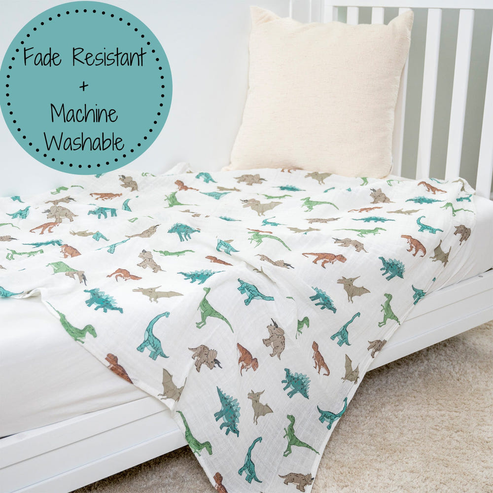 LollyBanks 100% Cotton Dinosaur Print Muslin Swaddle Blanket, 47"x47", perfect for newborns.