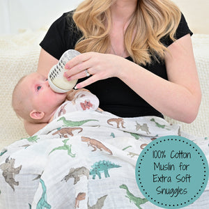 LollyBanks Muslin Swaddle Blankets, 100% Cotton Baby Blanket, 47"x 47" Newborn Swaddle Blanket, (Dinosaur Print)