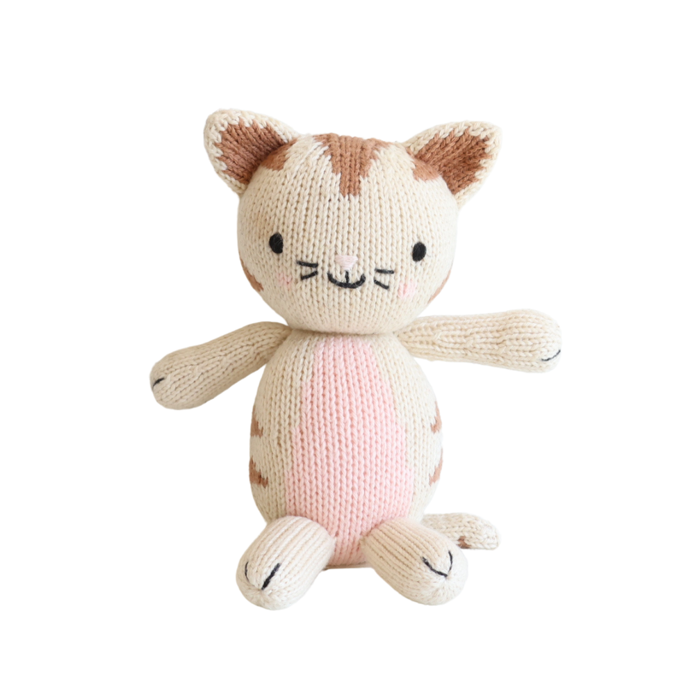 Soft baby knit doll in the shape of a cute cat, perfect for cuddles and playtime.