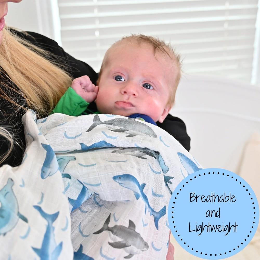 LollyBanks Shark Print Muslin Swaddle Blanket, 100% Cotton, 47"x47", perfect for newborns.