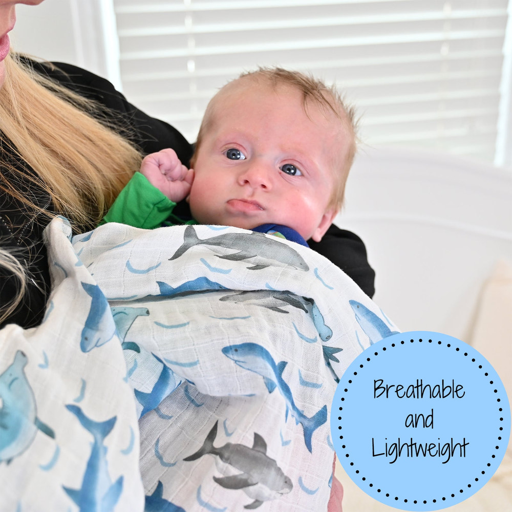 LollyBanks Muslin Swaddle Blankets, 100% Cotton Baby Blanket, 47"x 47" Newborn Swaddle Blanket, (Shark Print)