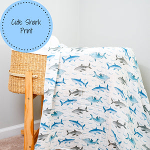 LollyBanks Muslin Swaddle Blankets, 100% Cotton Baby Blanket, 47"x 47" Newborn Swaddle Blanket, (Shark Print)