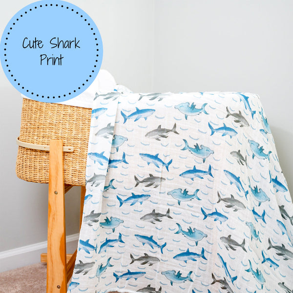 LollyBanks Muslin Swaddle Blankets, 100% Cotton Baby Blanket, 47"x 47" Newborn Swaddle Blanket, (Shark Print)