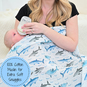 LollyBanks Muslin Swaddle Blankets, 100% Cotton Baby Blanket, 47"x 47" Newborn Swaddle Blanket, (Shark Print)