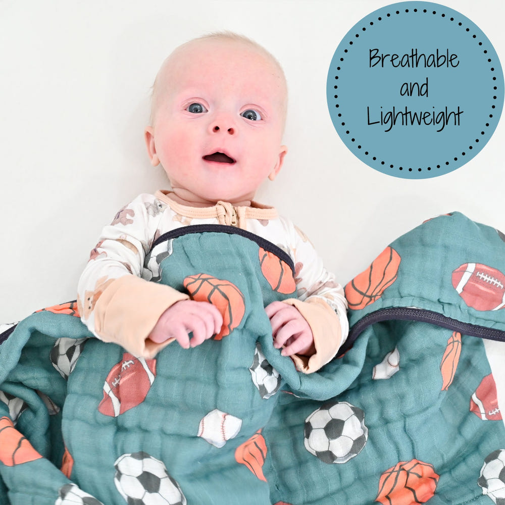 LollyBanks 100% Cotton Muslin Baby Blanket, 47"x47", lightweight quilt with sports print for newborns.