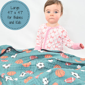 LollyBanks Muslin Baby Blanket, 100% Cotton Lightweight Baby Quilt, 47"x 47" and 6 Layers Newborn Blanket, (Sports Print)