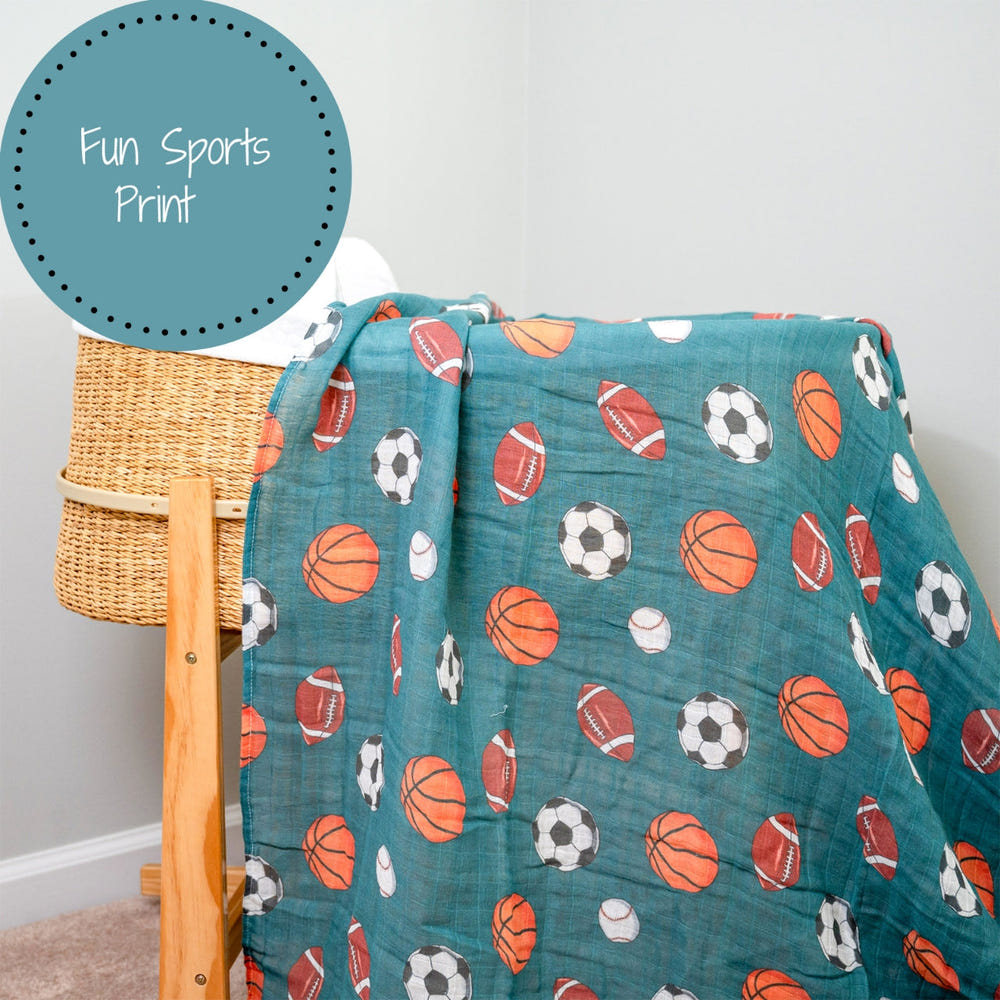 LollyBanks 100% Cotton Sports Theme Muslin Swaddle Blanket, 47"x47", perfect for newborns.