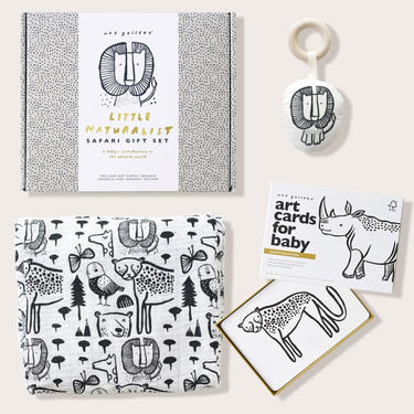 Newborn Baby Gift Set - Safari theme, featuring adorable plush toys and essentials for infants. Perfect baby shower gift!