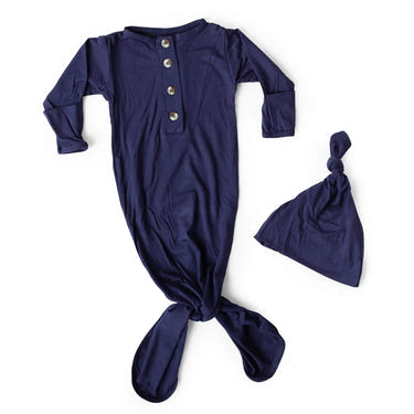 Navy blue newborn knotted gown and hat set for boys, perfect for stylish and comfortable baby outfits.